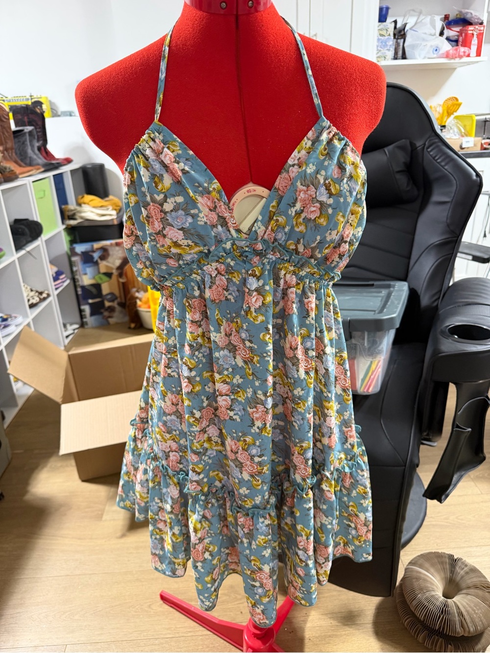 Floral Blue Spaghetti-Strap Dress